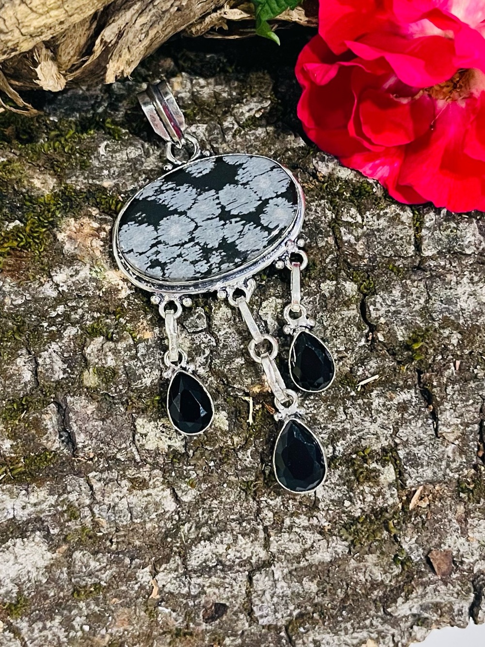 Snowflake Obsidian Black Onyx 925 Sterling Silver Pendant